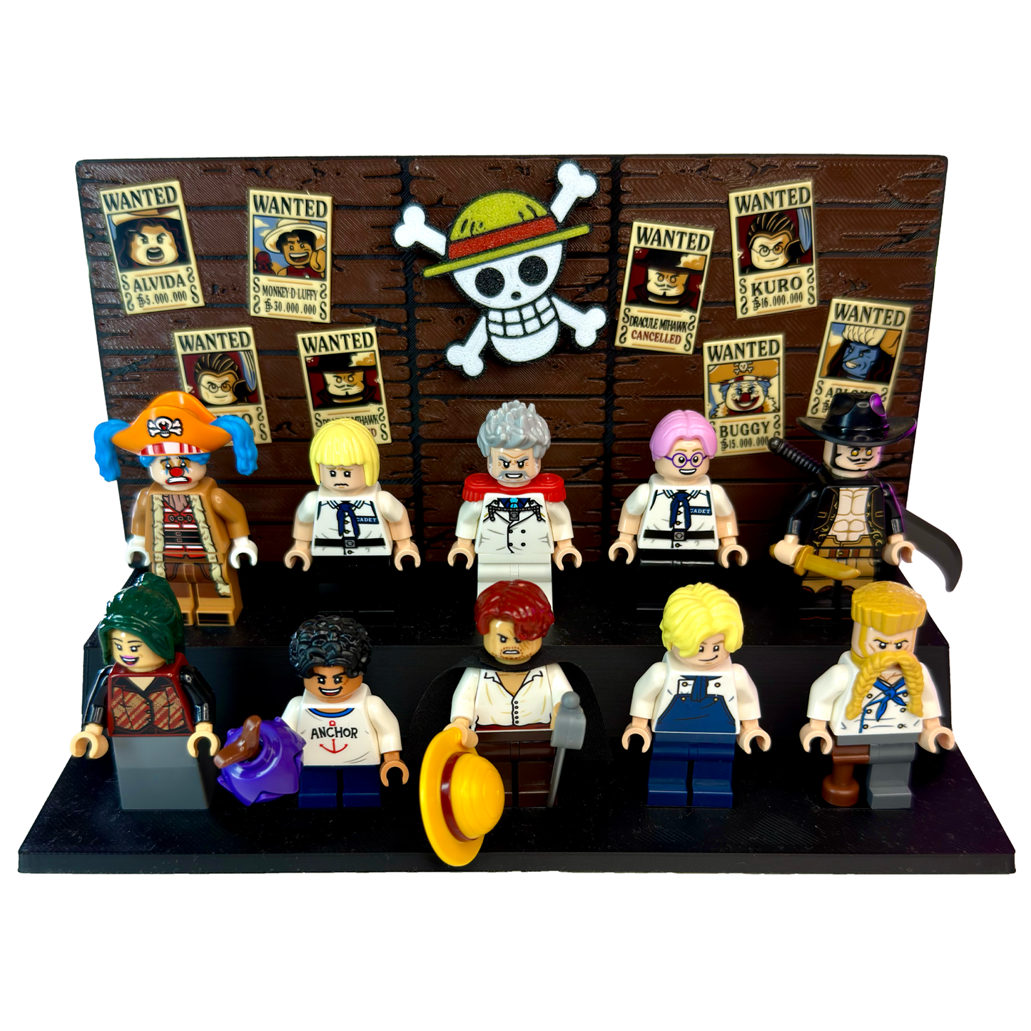 Minifigure Display Stand with Wanted Posters – Compatible with LEGO – Inspired by One Piece